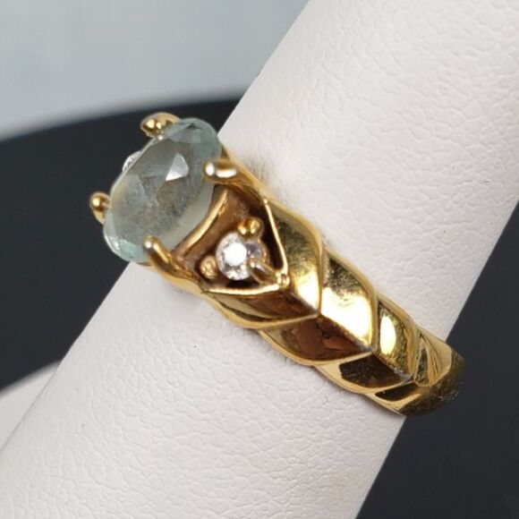 Designed 18k Gold Plated Stainless Steel Light Blue Topaz and CZ Ring Size 5 - Picture 5 of 16
